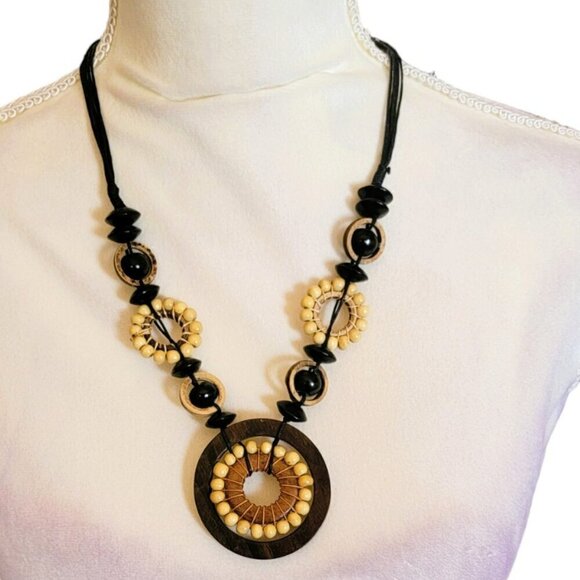 Hand Crafted Jewelry - African Design Wood, Beads on Cord in Black and Brown Boho Necklace